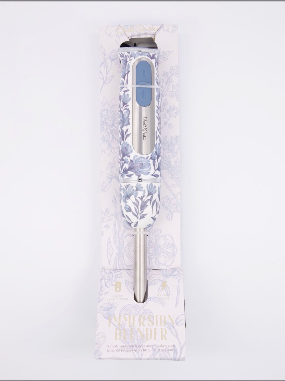 DwellStudio Immersion Blender-Floral 500W 2-Speed Handheld Ergonomic White Blue